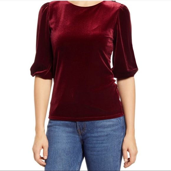Halogen Tops - Halogen Velour Bubble Sleeve Top In Burgundy Stem
